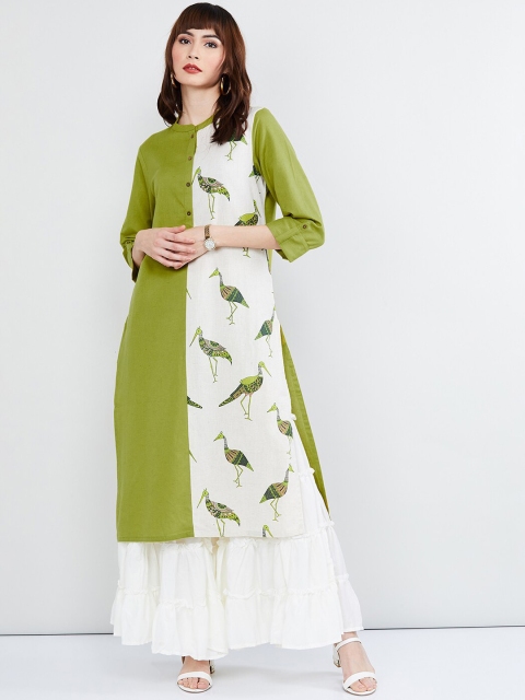 

max Women Lime Green & White Colourblocked Straight Kurta