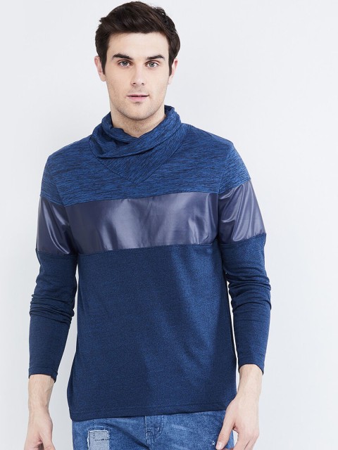 

max Men Blue Solid Cowl Neck T-shirt
