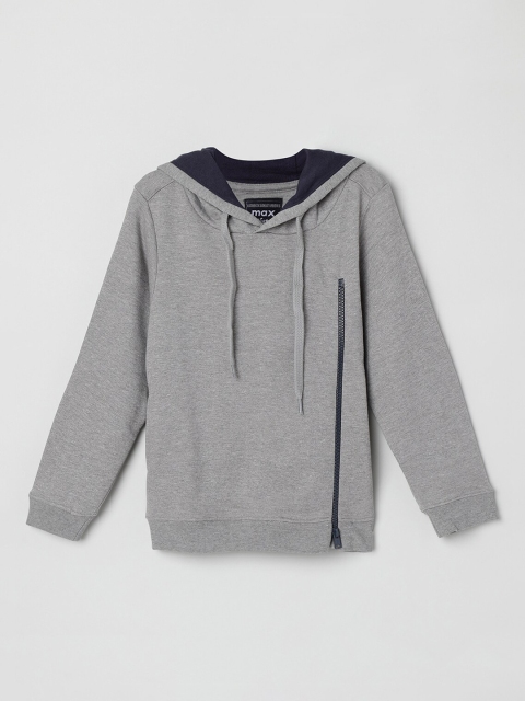 

max Boys Grey Solid Hooded Sweatshirt