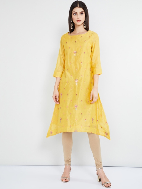 

max Women Yellow & Gold Embroidered A-Line Kurta