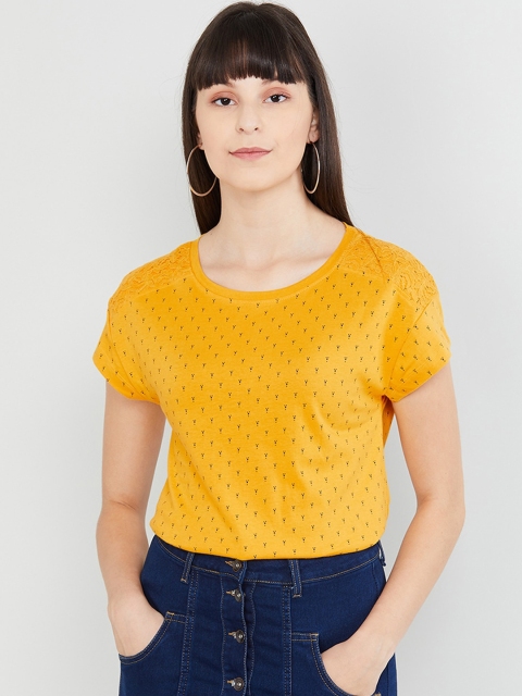 

max Women Yellow Printed Round Neck T-shirt