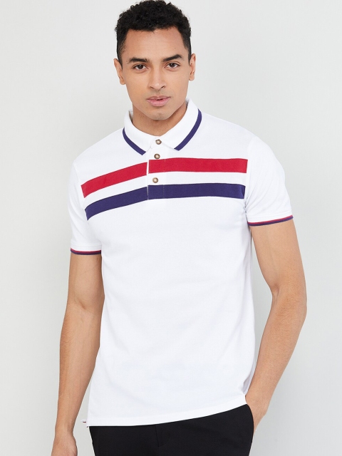 

max Men White Striped Polo Collar T-shirt