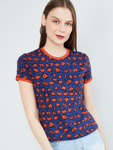 

max Women Navy Blue Leopard Printed Round Neck T-shirt