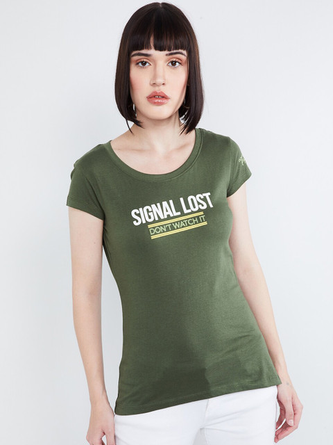 

max Women Olive Green Printed Round Neck T-shirt