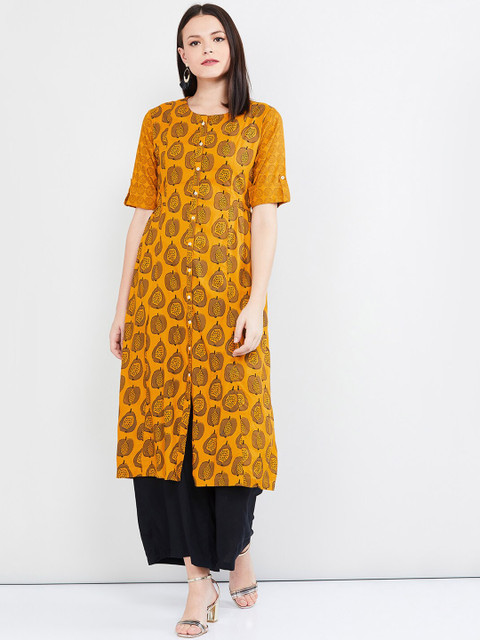 

max Women Mustard Yellow & Black Printed A-Line Kurta