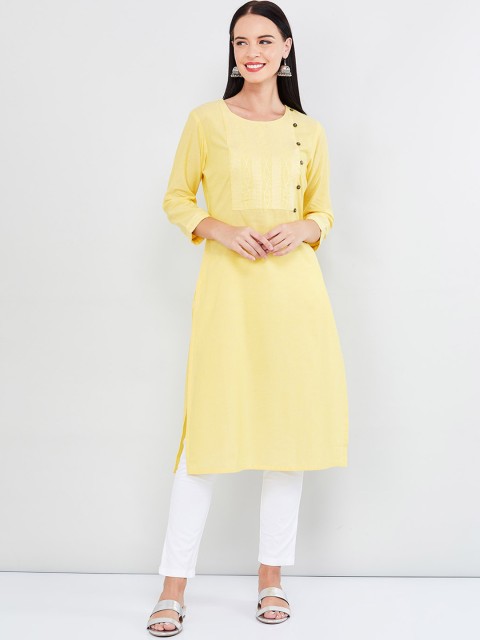 

max Women Yellow & White Yoke Design Straight Kurta