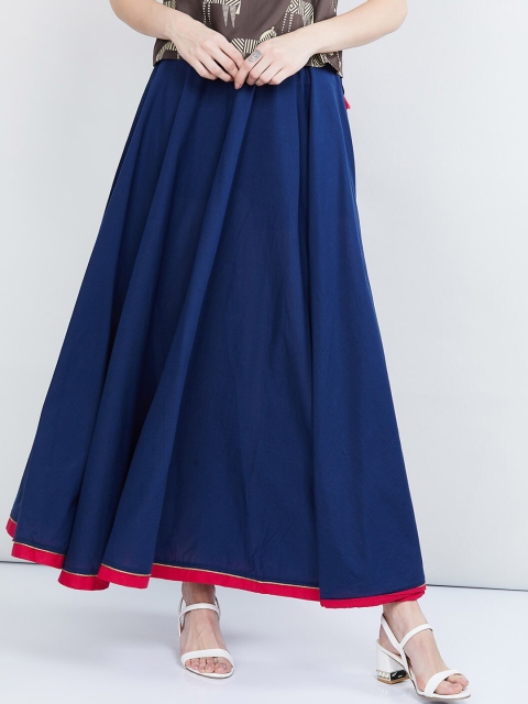 max Women Blue Solid Flared Maxi Pure Cotton Skirt