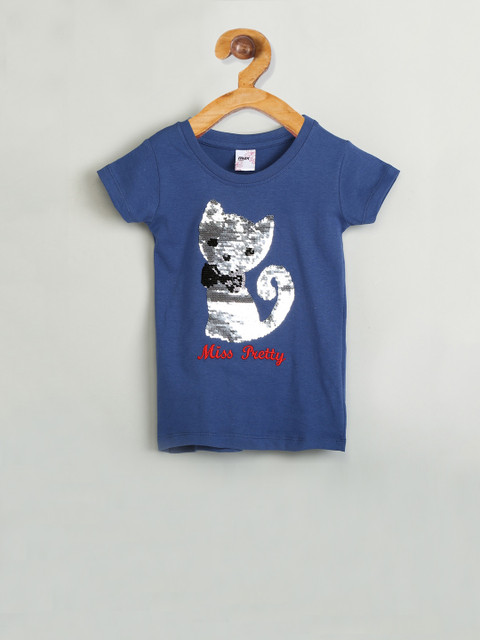 

max Girls Blue Printed Round Neck T-shirt