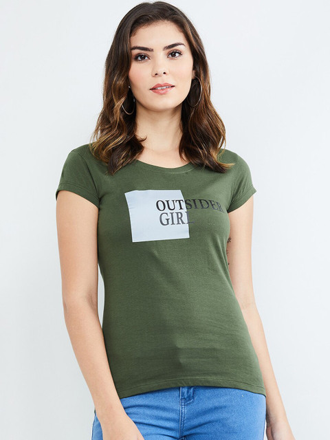 

max Women Green Printed Round Neck T-shirt