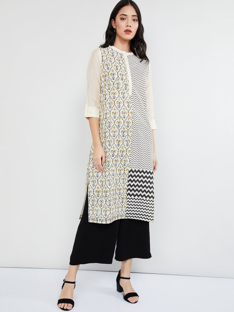 

max Women Off-White & Black Printed Straight Kurta