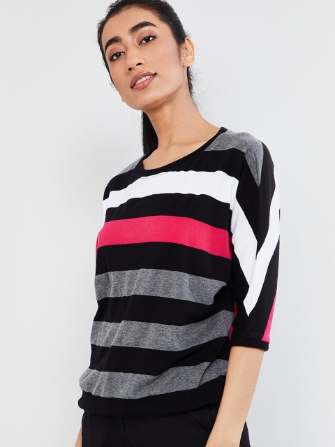 max Women Black Striped Round Neck T-shirt