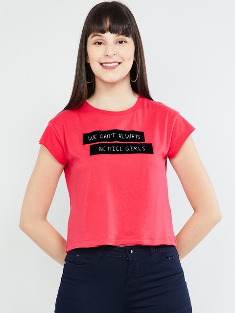 

max Women Coral Red Printed Round Neck T-shirt