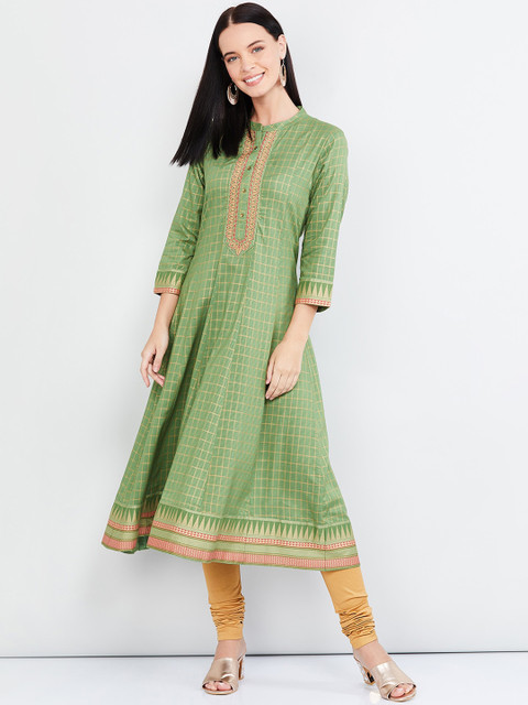 

max Women Lime Green Checked A-Line Kurta