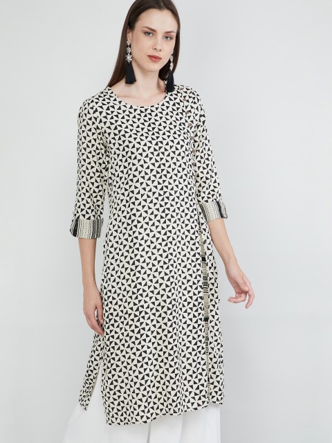 

max Women Off-White & Black Printed Straight Kurta