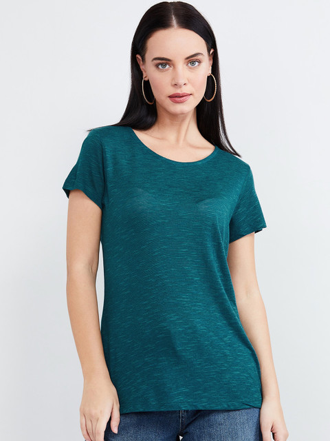 

max Women Teal Green Solid Round Neck T-shirt