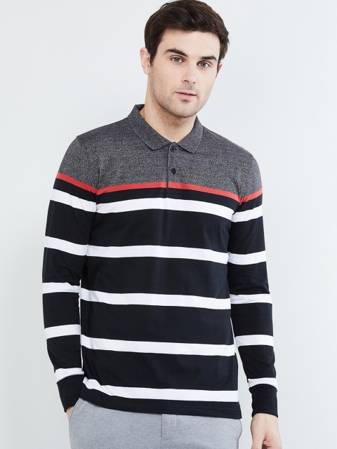 

max Men Grey & Black Striped Polo Collar T-shirt