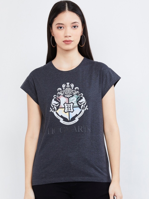 max Women Charcoal Grey & Off-White Printed Round Neck T-shirt