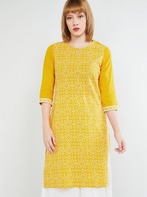 max Women Mustard Yellow Embroidered Straight Kurta