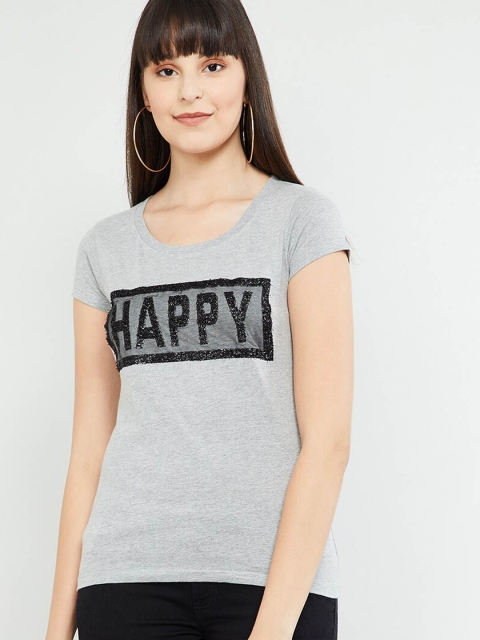 

max Women Grey Printed Round Neck T-shirt