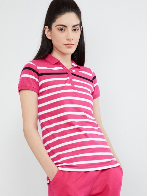 

max Women Pink & White Striped Polo Collar T-shirt