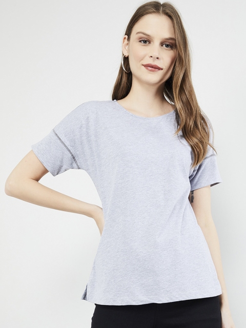 

max Women Grey Melange Solid Round Neck T-shirt