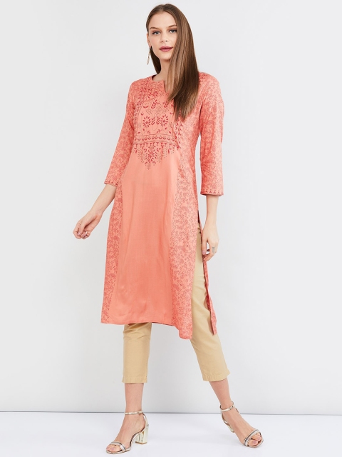 

max Women Coral Pink Printed Straight Kurta