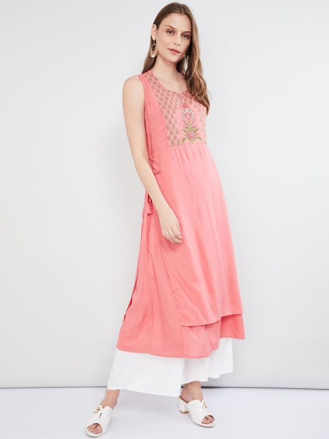 max Women Pink & Green Embroidered A-Line Kurta