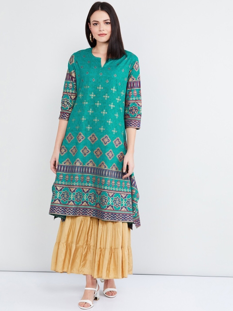 

max Women Green & Navy Blue Printed Straight Kurta