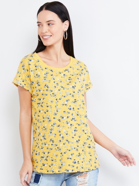 

max Women Yellow Printed V-Neck T-shirt