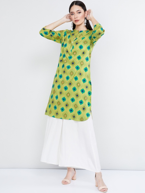 

max Women Lime Green & Blue Printed Straight Kurta