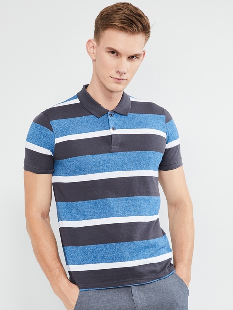 max Men Blue & Grey slim Fit Striped Polo Collar T-shirt