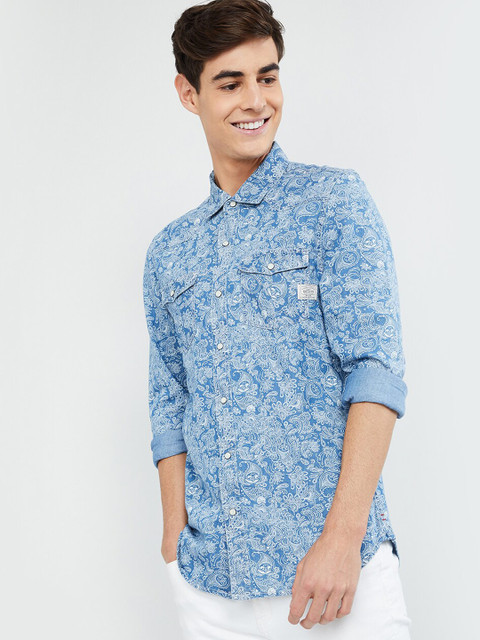 

max Men Blue & Off-White Slim Fit Printed Casual Shirt