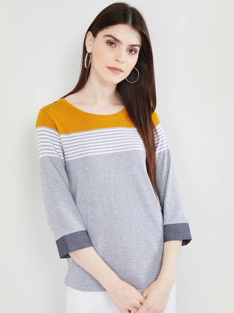 

max Women Grey Melange Colourblocked Round Neck T-shirt