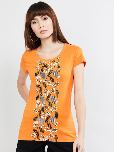 

max Women Orange Printed Round Neck T-shirt