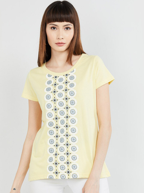 

max Women Yellow Printed Round Neck T-shirt
