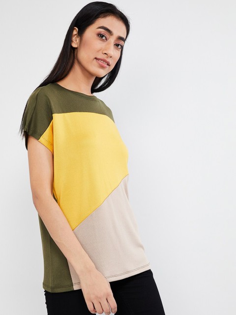 

max Women Olive Green & Yellow Colourblocked Boat Neck T-shirt