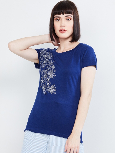 

max Women Blue Printed Round Neck T-shirt