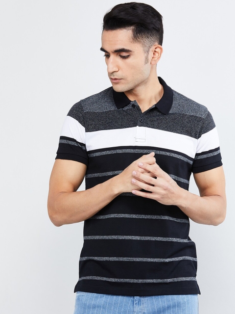

max Men Black Striped Polo Collar T-shirt