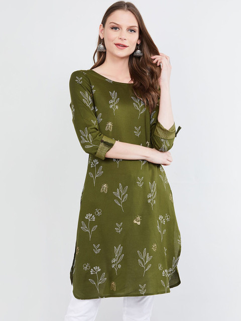 

max Women Olive Green & White Floral Printed Straight Kurta