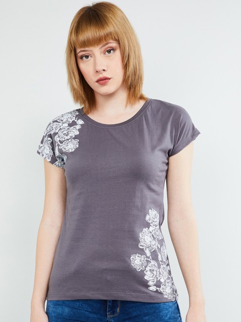 

max Women Grey Printed Round Neck T-shirt