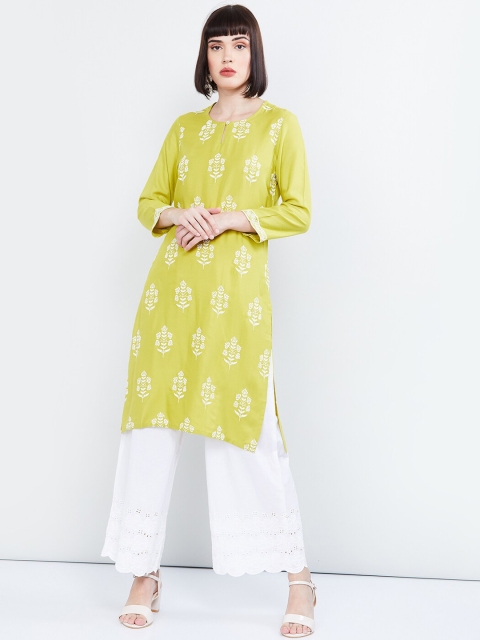 

max Women Lime Green & White Embroidered Straight Kurta