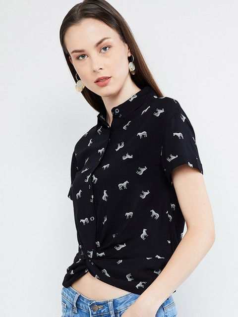

max Women Black Printed Shirt Style Top
