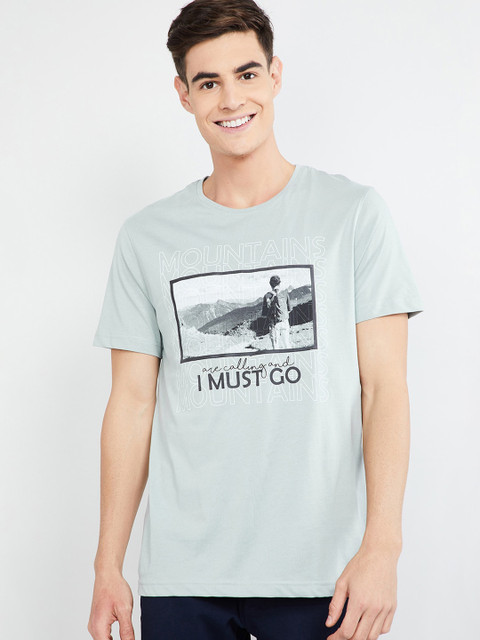 

max Men Grey Printed Round Neck T-shirt