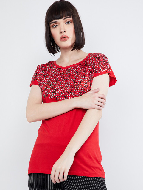 

max Women Red Printed Round Neck T-shirt