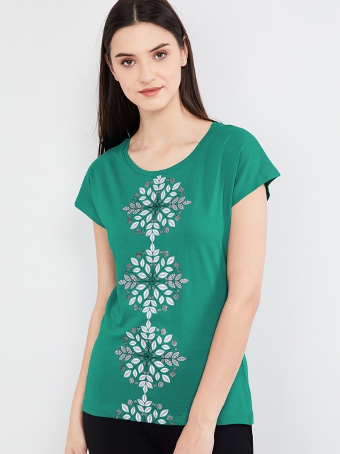 

max Women Green Printed Round Neck T-shirt