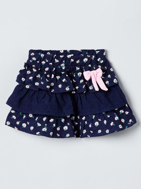 

max Girls Navy Blue & White Floral Printed Tiered Pure Cotton Skirt