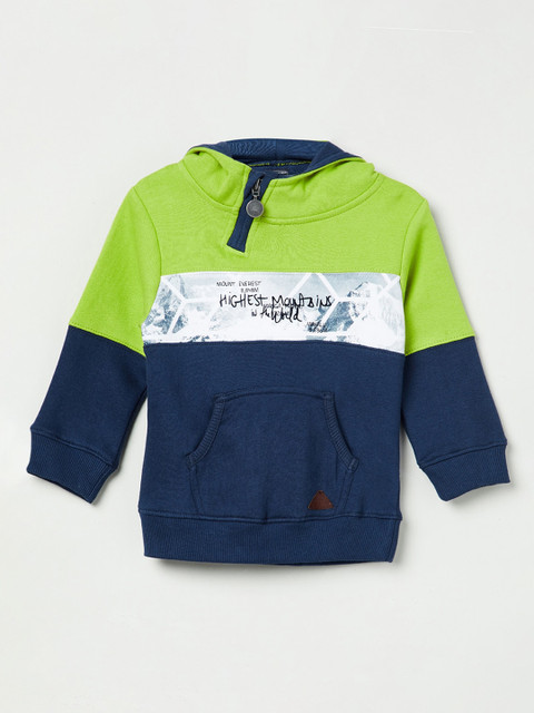 

max Boys Navy Blue & Green Colourblocked Hooded Sweatshirt