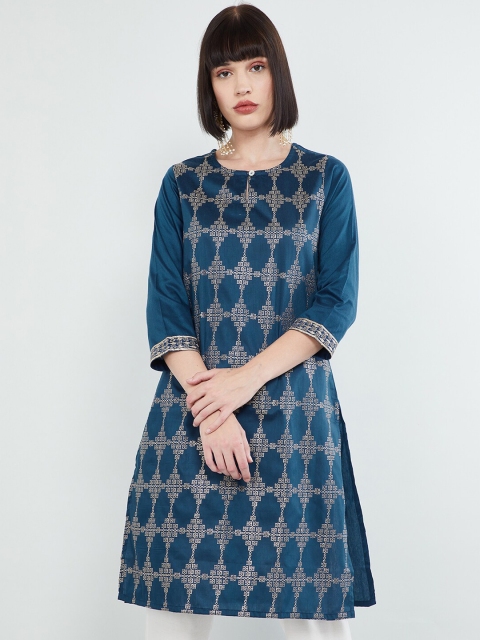 

max Women Blue & White Printed Straight Kurta