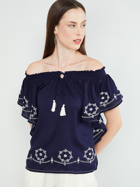 

max Women Navy Blue Embroidered Bardot Top