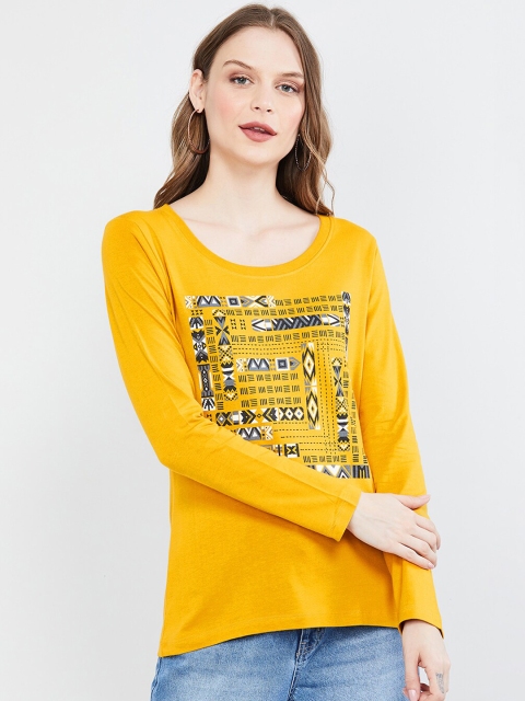 

max Women Yellow Printed Round Neck T-shirt